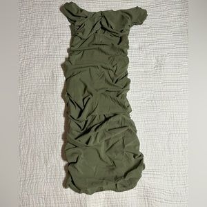 Maternity Green Bardot Ruched Midi Dress